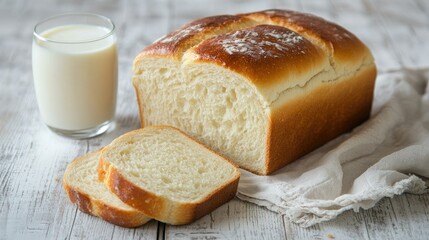 Freshly baked homemade bread, sliced and displayed with a glass of milk on a rustic white wooden table