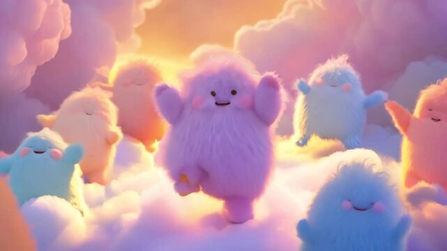 Small fluffy monsters with multicolored fur and wings dancing in a circle on a cloud