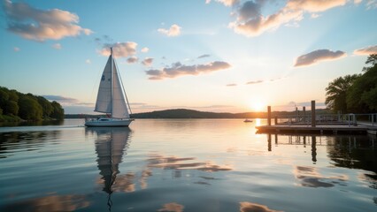 Obraz premium A sailboat is in the water at sunset