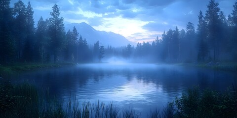 Fototapeta premium A serene twilight scene featuring a calm lake surrounded by misty forests. Soft blue hues dominate the tranquil atmosphere, creating a peaceful reflection on the water's surface.