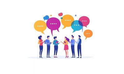 Colorful vector illustration of speech bubbles in different colors, forming the shape and outline of people talking to each other on a white background