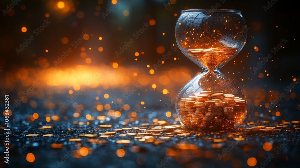 Poster An hourglass containing glimmering coins rests on a surface, surrounded by a soft glow, representing the interplay of time and the significance of financial value amidst a tranquil atmosphere.