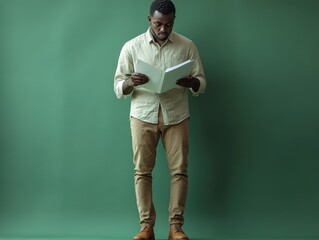 A man wearing beige clothing stands reading a document against a solid green background, conveying a focused and professional atmosphere.