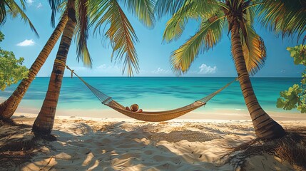 Fototapeta premium A person lounges in a hammock strung between two palm trees on a pristine tropical beach. The turquoise water sparkles in the sun, and the sound of gentle waves creates a peaceful, relaxing atmosphere
