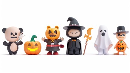 Halloween character vector set. Halloween characters like pumpkin vampire, teddy bear, ghost and grim reaper isolated in white background for horror 3d collection design. Vector illustration