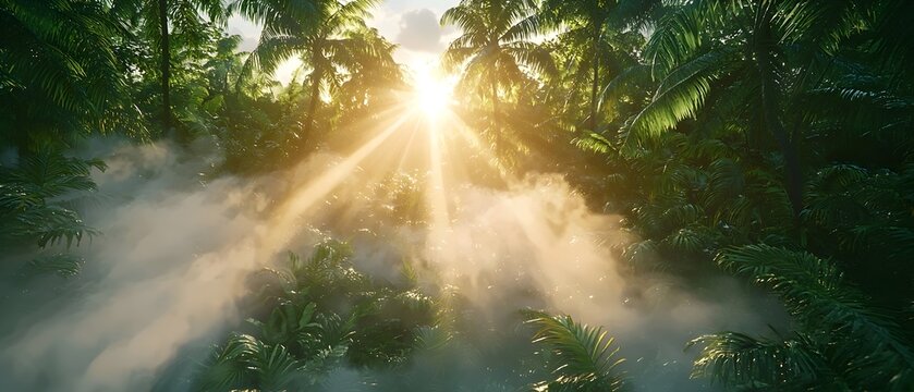 A stunning view of sun rays piercing through lush green foliage in a tropical forest, creating a mystical atmosphere with soft mist enveloping the surroundings.