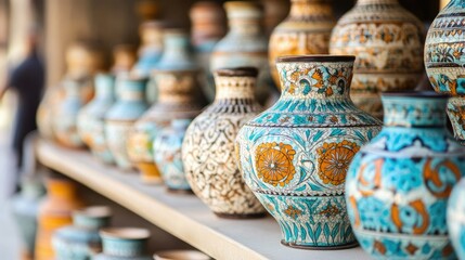 Colorful Handcrafted Pottery Display in a Market