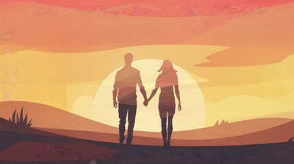 Fototapeta premium Couple's silhouette, romantic mood, walking together, sunset landscape background