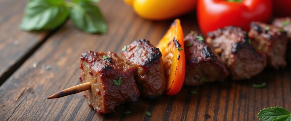 Juicy Grilled Beef Kebabs with Vibrant Vegetables on Rustic Wooden Surface