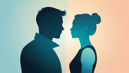 Stylish couple's silhouette with contrasting colors facing each other in a modern artistic design