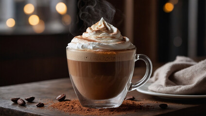 Cappuccino topped with frothy milk and a dusting of cocoa powder, served in a clear glass with soft café lighting.