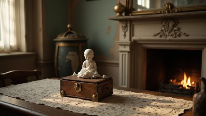 A wooden box sits on the table in front of the fireplace