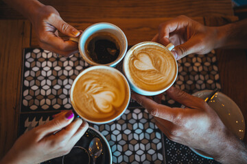 Friends Toasting with Coffee in Cozy Cafe Setting