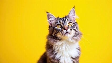 Obraz premium Grey and white Maine Coon cat on a vibrant yellow background, showing off its soft fur and striking gaze
