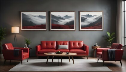 A modern living room with a red leather sofa, a wooden coffee table, and three framed landscape photographs on the wall depicting moody.