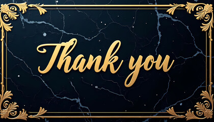 Thank You inscription in gold cursive font framed by ornate gold decorations on dark marble background
