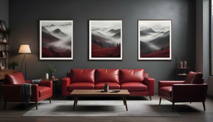 A modern living room with a red leather sofa, a wooden coffee table, and three framed landscape photographs on the wall depicting moody.