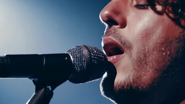 Close-up of a male singer deeply immersed in his performance, focusing on his mouth and microphone, capturing the essence of his voice.
