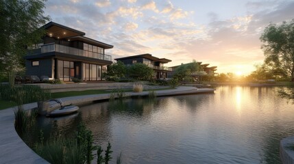 Fototapeta premium A serene lakeside setting with a sustainable, contemporary home
