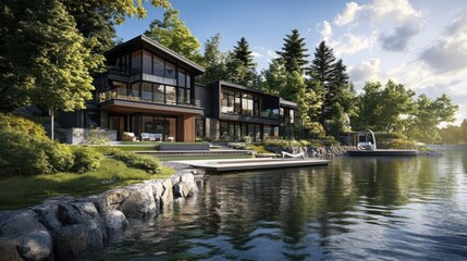 A serene lakeside setting with a sustainable, contemporary home