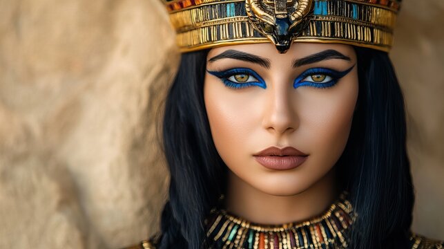 Portrait of Woman in Ancient Egyptian Attire with Traditional Headpiece and Bold Eye Makeup