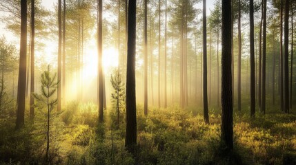 Fototapeta premium A serene pine forest at dawn, with soft sunlight filtering
