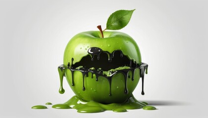Poisoned green apple with black goo dripping and a fresh leaf on a light grey background