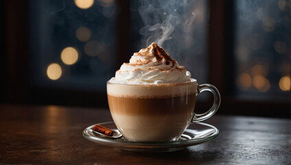 Cappuccino topped with frothy milk and a dusting of cocoa powder, served in a clear glass with soft café lighting.