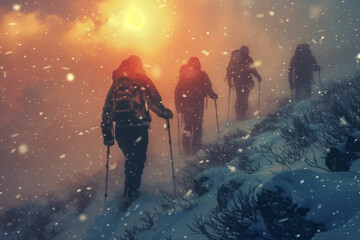 Naklejka premium Group of hikers ascending snowy mountain during golden sunset, surrounded by glowing snowflakes and ethereal light