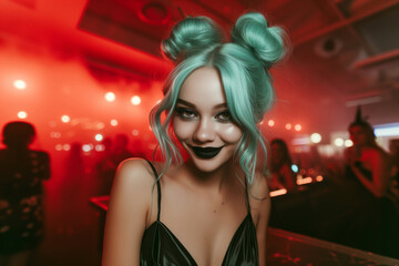 Fototapeta premium Flirty smiling woman with turquoise hair in double buns and black lipstick, enjoying vibrant night out in lively nightclub with red lighting, speed dating hookup with escort lady of the night