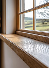 Close-up detail of an oak window sill in a modern house with views over a field and trees on a sunny day. Natural light creates a cinematic, minimalistic atmosphere. Professional e