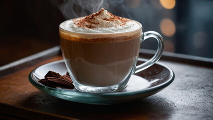Cappuccino topped with frothy milk and a dusting of cocoa powder, served in a clear glass with soft café lighting.