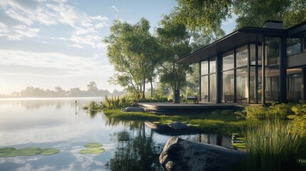 Obraz premium A sleek, sustainable home beside a serene lake, with a 3D floor