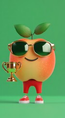 Fototapeta premium cute chibbi 3d blender apple character wearing gangster meme sunglasses holding a champion trophy 