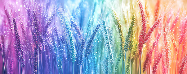 Obraz premium A surreal, rainbow-hued depiction of wheat fields, with pink, blue, and yellow tones creating a vibrant and dreamy atmosphere, perfect for whimsical and colorful nature-inspired designs.