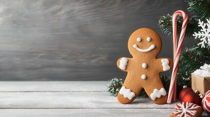 Christmas cookie skier with frosted smile, candy cane poles, snowy landscape, warm holiday