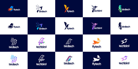 collection of bird technology logos, digital connection networks, software, graphic design illustration.