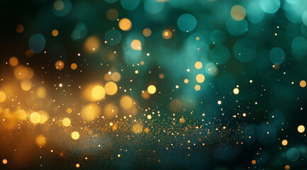 New Year banner concept.Golden, glowing particles on a dark green background, blurred background, 