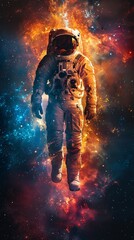 A solitary astronaut floating in the vastness, tethered by an astronaut in a spacesuit in zero gravity, with planet earth in the background.