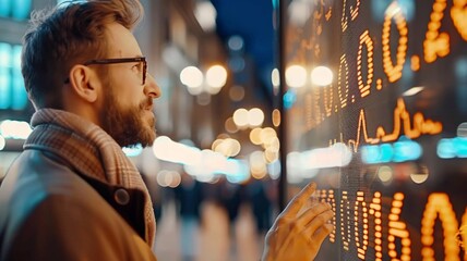 Man analyzing stock market trends on interactive digital screen in urban setting