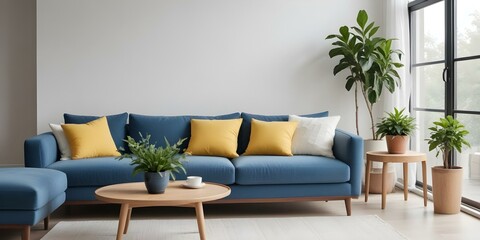 A modern living room with a blue sofa, white and yellow throw pillows, a wooden coffee table, and a potted plant on the windowsill.