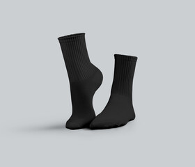 Mockup of black medium socks with textured elastic band, 3D rendering, front view, one ankle stretched, for design, branding, advertising.