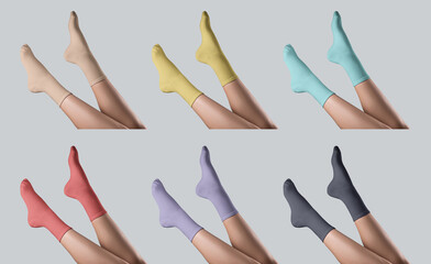 Template of bright long socks on women's feet, upside down diagonal presentation, side view, for...