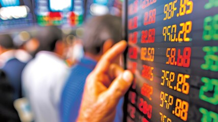 Dynamic trading floor with digital stock tickers highlighting market activity