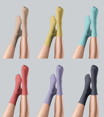 Template of bright long socks on women's legs, front view, upside down presentation, gaiters on...