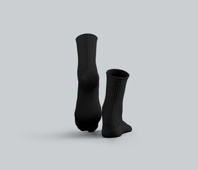 Black medium socks mockup 3D rendering, one foot stretched, back view, isolated on background.