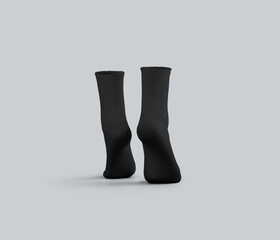Black medium socks mockup 3D rendering, gaiters on tiptoes, back view, for design, pattern, branding.