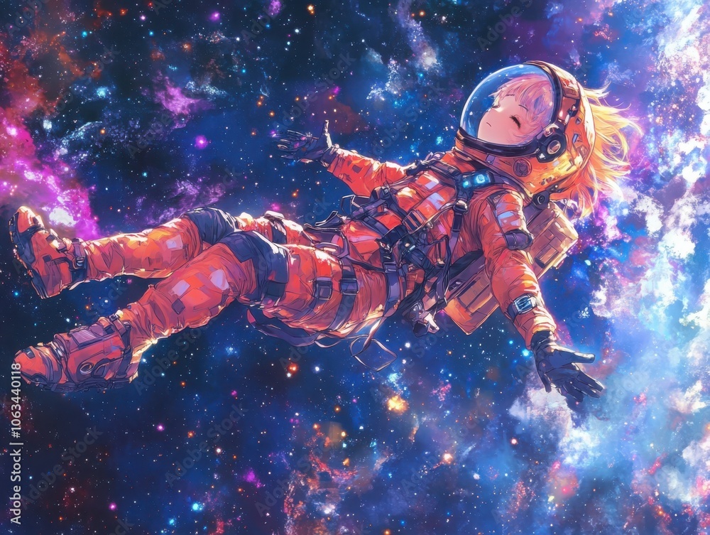 Wall mural astro wanderer a cosmic journey of a space-themed anime character floating in zero gravity amidst th