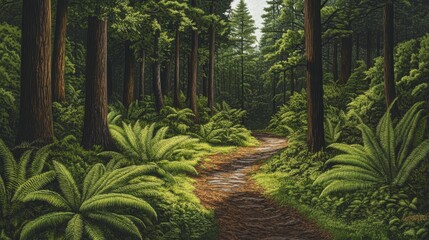 A winding path through a lush pine forest, with vibrant green