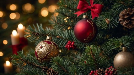 Christmas tree decorated with red and gold baubles and ribbon, creating festive atmosphere (Generative AI)